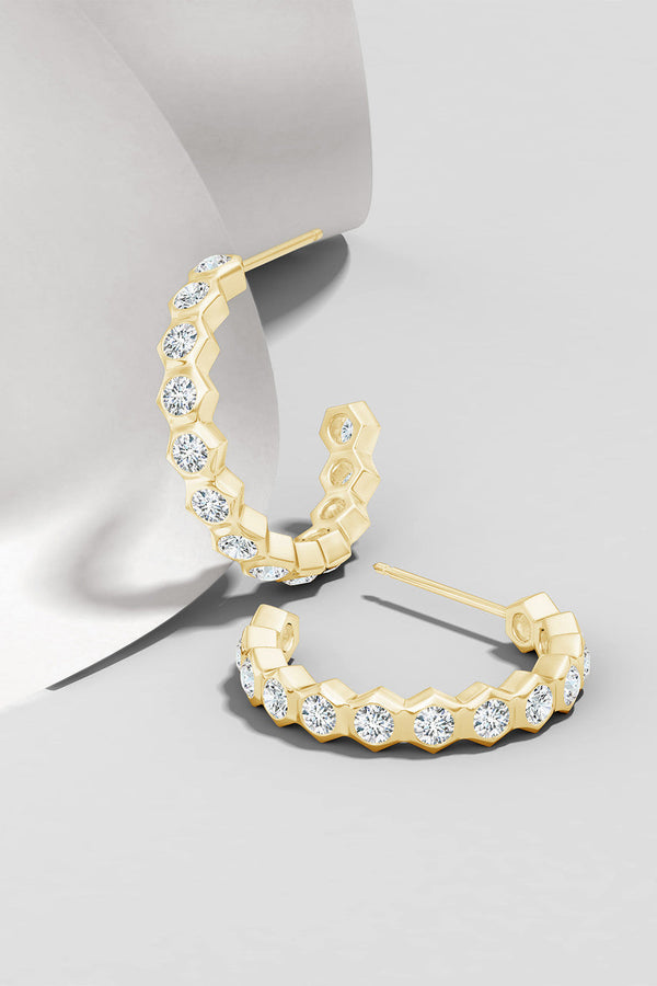 natori Indochine 14k Small Stacked Hexagon Diamond J-Hoop Earrings 14K Yellow Gold