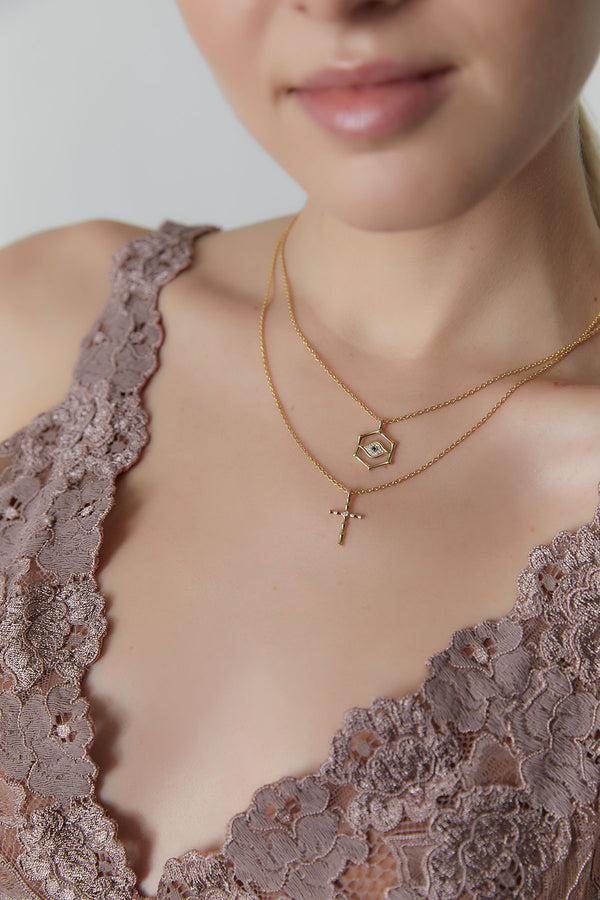 natori Indochine Spirit 14k Bamboo Cross Diamond Pendant Necklace 14K Yellow Gold