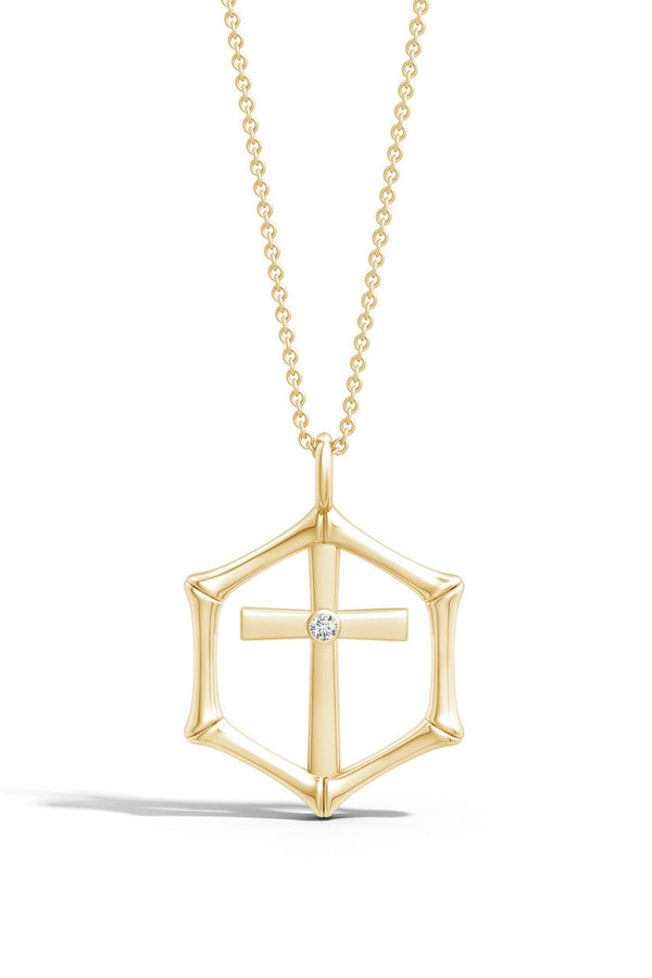 Natori Indochine Spirit 14k Bamboo Frame Cross Diamond Pendant Necklace 14K Yellow Gold