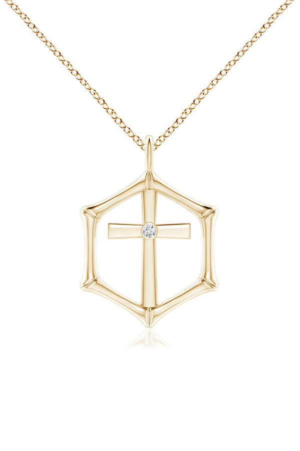 Natori Indochine Spirit 14k Bamboo Frame Cross Diamond Pendant Necklace 14K Yellow Gold