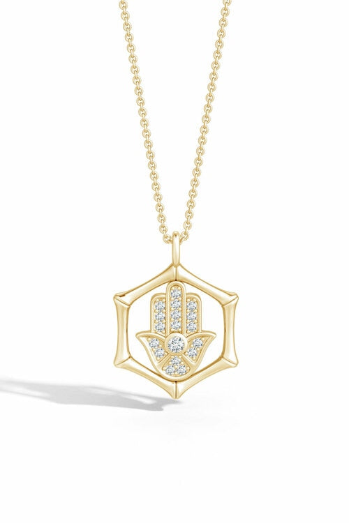 Natori Indochine Spirit 14k Bamboo Frame Hamsa Diamond Pendant Necklace 14K Yellow Gold