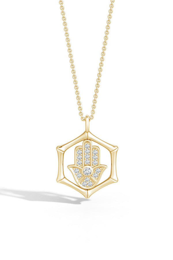Natori Indochine Spirit 14k Bamboo Frame Hamsa Diamond Pendant Necklace 14K Yellow Gold