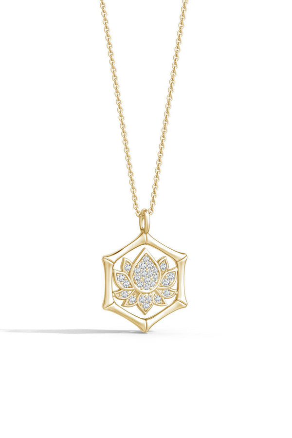Natori Indochine Spirit 14k Bamboo Frame Lotus Diamond Pendant Necklace 14K Yellow Gold