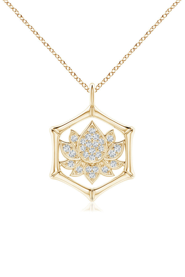 Natori Indochine Spirit 14k Bamboo Frame Lotus Diamond Pendant Necklace 14K Yellow Gold