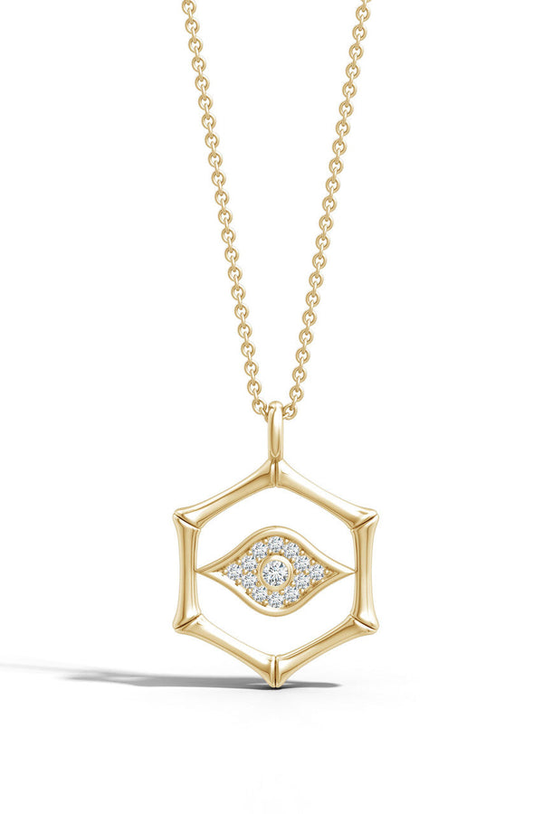 Natori Indochine Spirit 14k Evil Eye Bamboo Hexagon Frame Diamond Necklace 14K Yellow Gold