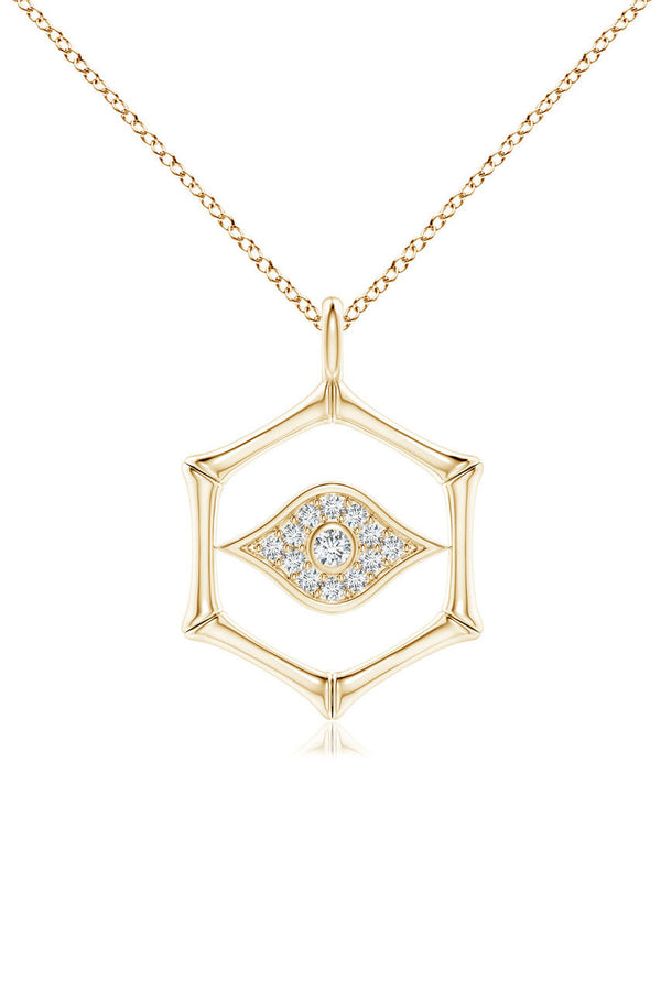 Natori Indochine Spirit 14k Evil Eye Bamboo Hexagon Frame Diamond Necklace 14K Yellow Gold