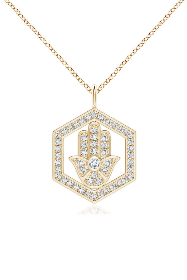Natori Indochine Spirit 14k Hexagon Frame Hamsa Pave Diamond Pendant Necklace 14K Yellow Gold