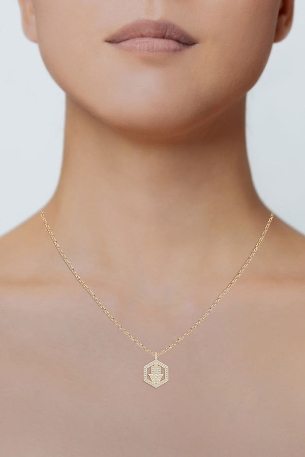 Natori Indochine Spirit 14k Hexagon Frame Hamsa Pave Diamond Pendant Necklace 14K Yellow Gold