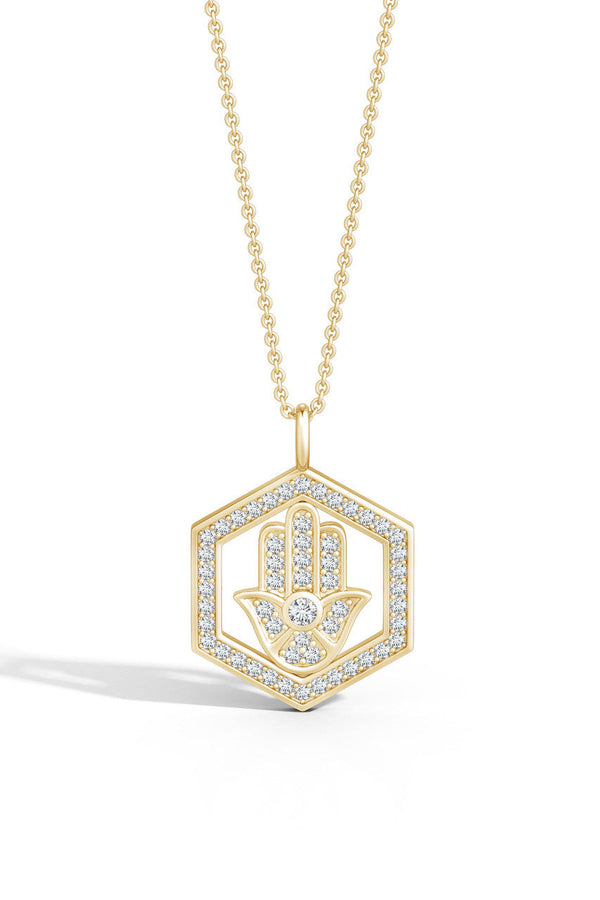natori Indochine Spirit 14k Hexagon Frame Hamsa Pave Diamond Pendant Necklace 14K Yellow Gold