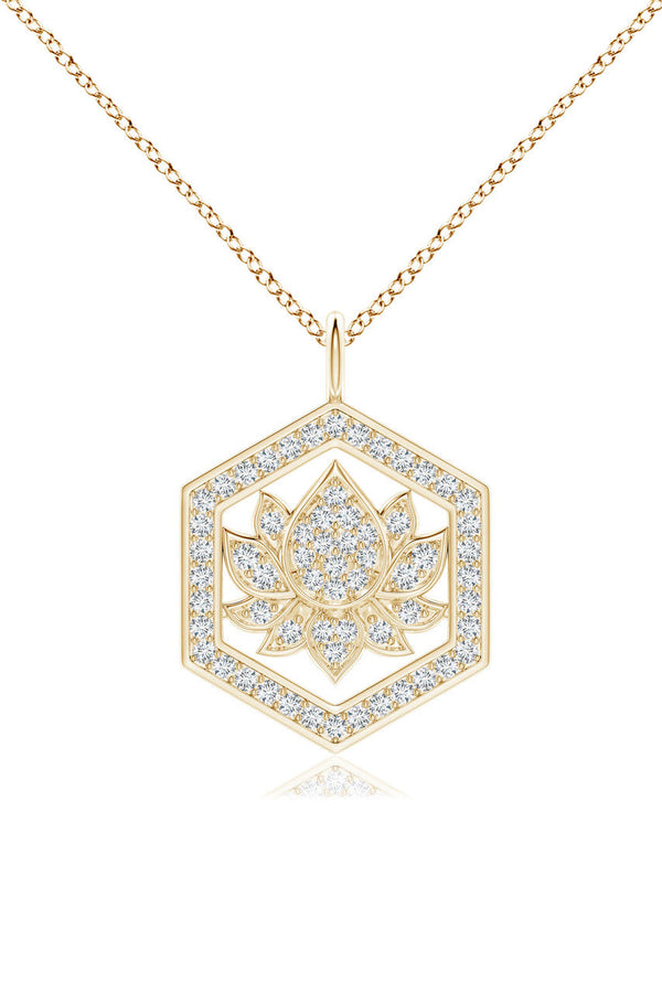 Natori Indochine Spirit 14k Hexagon Frame Lotus Pave Diamond Pendant Necklace 14K Yellow Gold