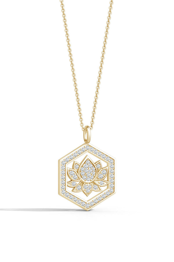 natori Indochine Spirit 14k Hexagon Frame Lotus Pave Diamond Pendant Necklace 14K Yellow Gold