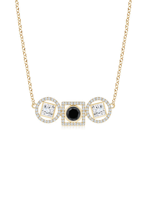 natori Infinity 14K Gold with Black & White Diamond Three Stone Halo Necklace 14K Yellow Gold