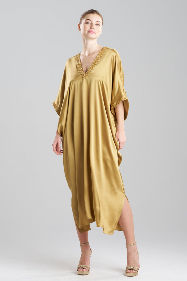 natori Key Essentials Embellished Cocoon Silk Caftan Antique Gold