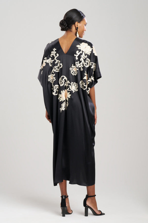 Natori Key Essentials Embroidered Floral Silk Caftan Black