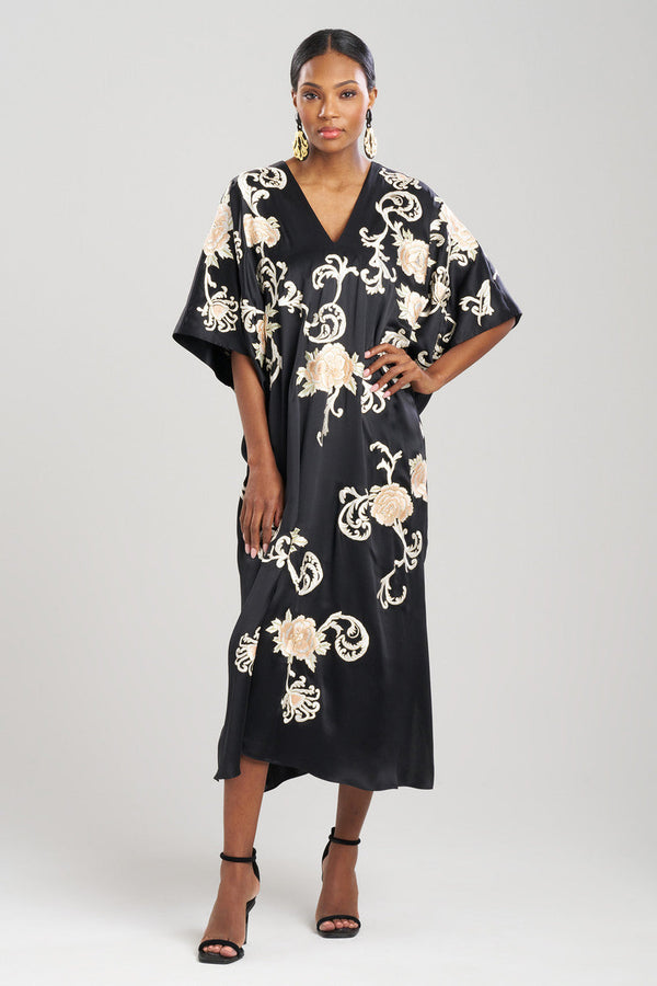 natori Key Essentials Embroidered Floral Silk Caftan Black