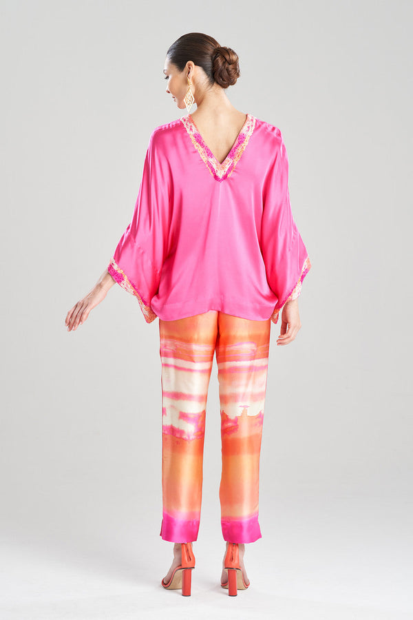 Natori Key Essentials Embroidered Kimono Sleeve Silk Top Pink Sapphire