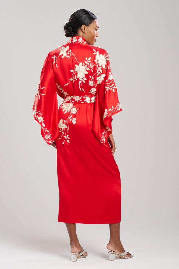 Natori Key Essentials Embroidered Kimono Tassel Silk Robe Scarlet