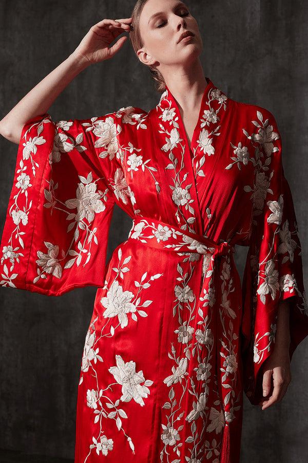 Natori Key Essentials Embroidered Kimono Tassel Silk Robe Scarlet