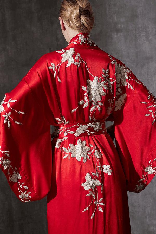 Natori Key Essentials Embroidered Kimono Tassel Silk Robe Scarlet