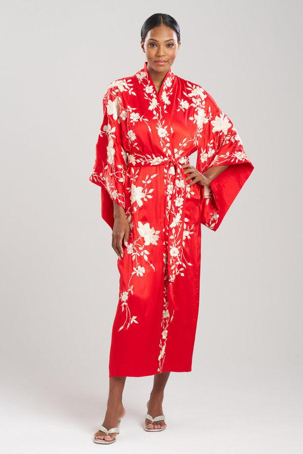 natori Key Essentials Embroidered Kimono Tassel Silk Robe Scarlet