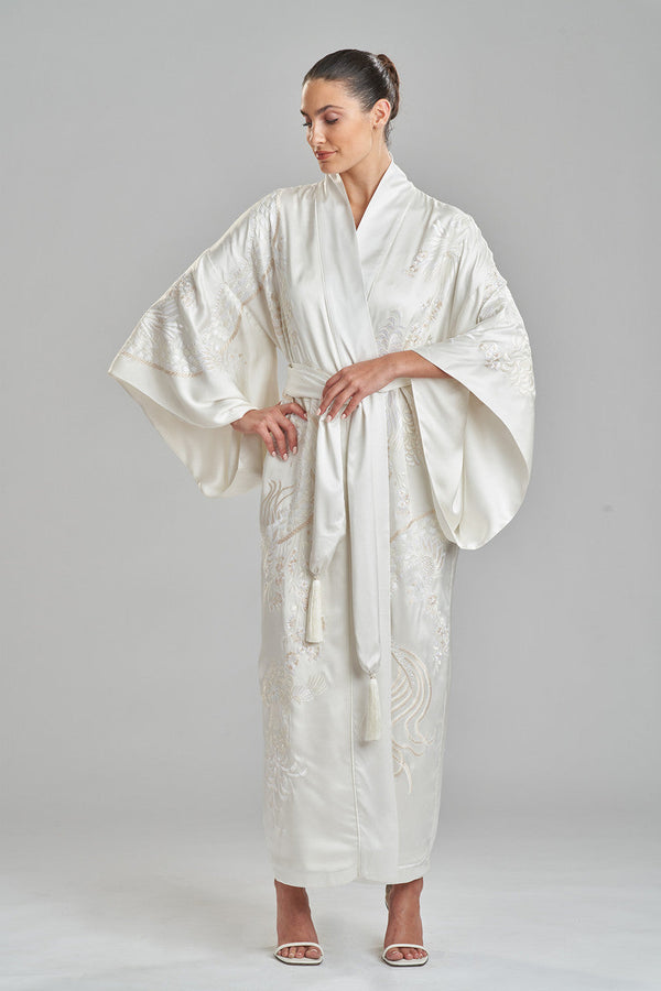 natori Key Essentials Embroidered Silk Robe Warm White