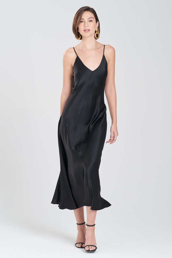 natori Key Essentials Sheath Flounce Silk Slip Dress Black