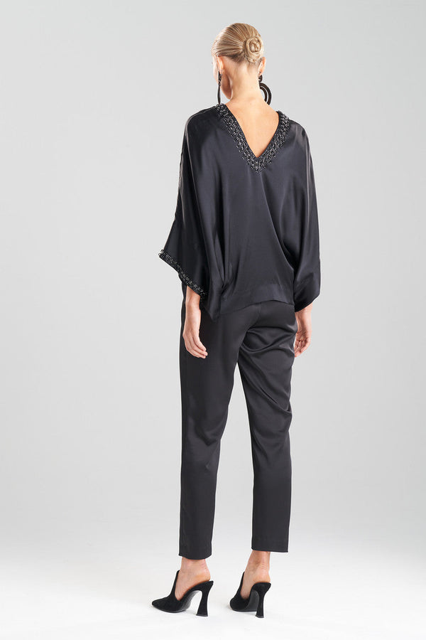 Natori Key Essentials Silk Embroidered Kimono Sleeve Top Black