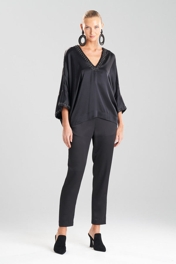 natori Key Essentials Silk Embroidered Kimono Sleeve Top Black