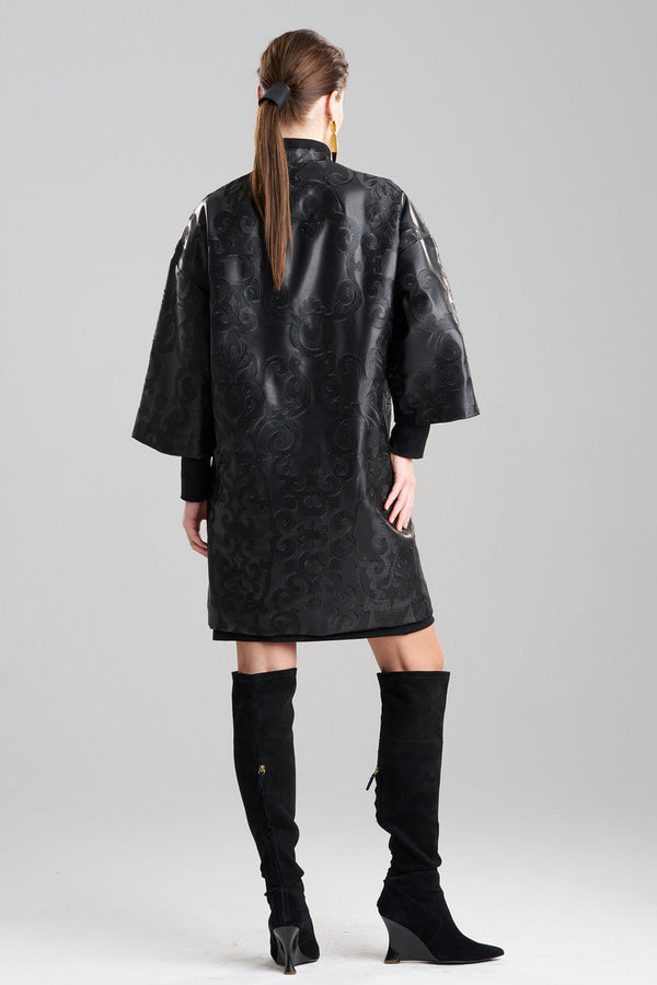 Natori Leticia Embroidered Faux Leather Kimono Coat Black