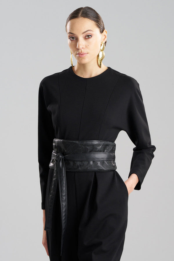 Natori Leticia Embroidered Faux Leather Obi Belt Black