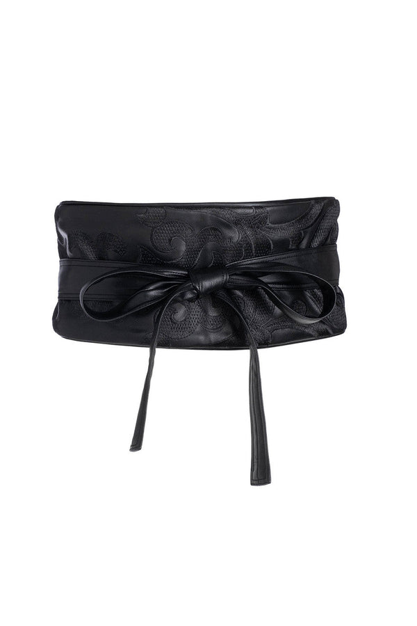 natori Leticia Embroidered Faux Leather Obi Belt Black