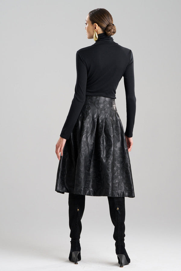Natori Leticia Embroidered Faux Leather Skirt Black