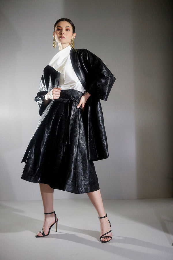 Natori Leticia Embroidered Faux Leather Skirt Black