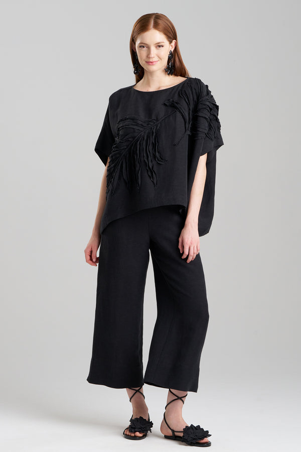 natori Light Weight Linen Embroidered Caftan Top Black