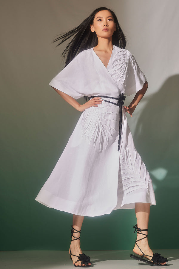 natori Light Weight Linen Embroidered Kimono Wrap Dress White