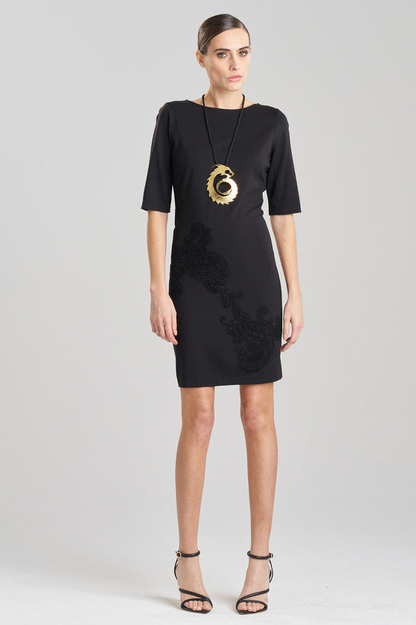 natori Light Weight Ponte Embroidered Sheath Dress Black