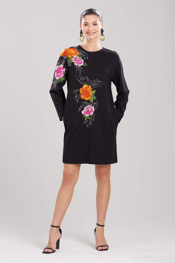 natori Light Weight Ponte Embroidered Shift Dress Black