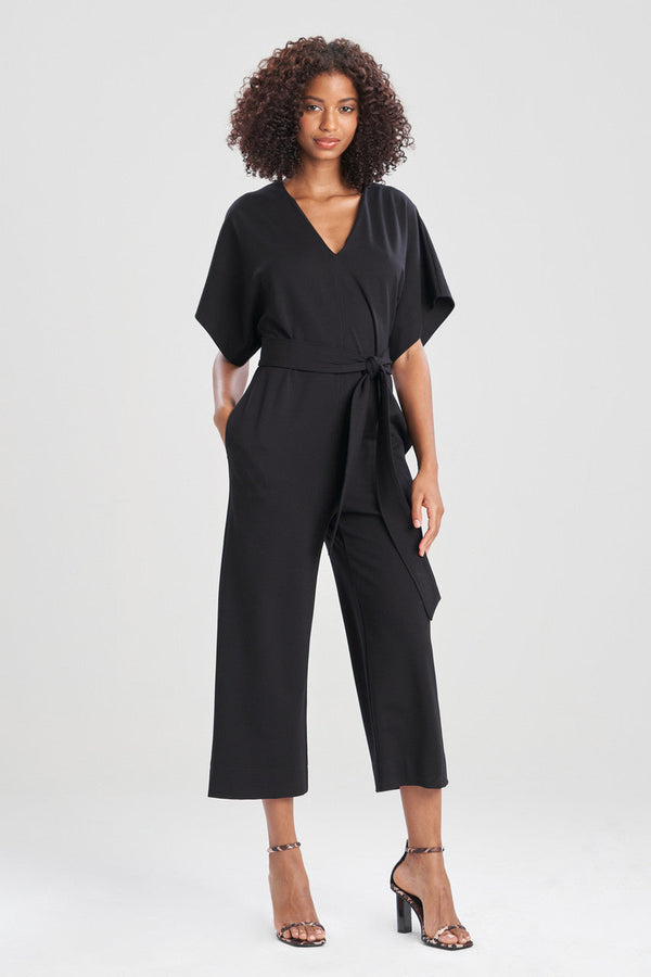 natori Light Weight Ponte Kimono V-Neck Jumpsuit Black