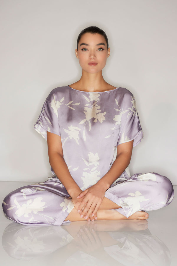 natori Lily Printed Satin Icon Short Sleeve PJ Lt Iris