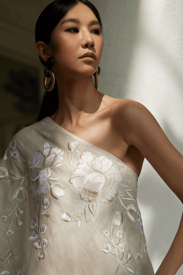 Natori Linen One Shoulder Embroidered Tunic Natural