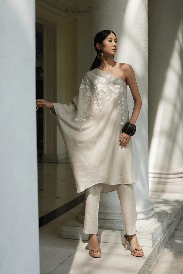 Natori Linen One Shoulder Embroidered Tunic Natural