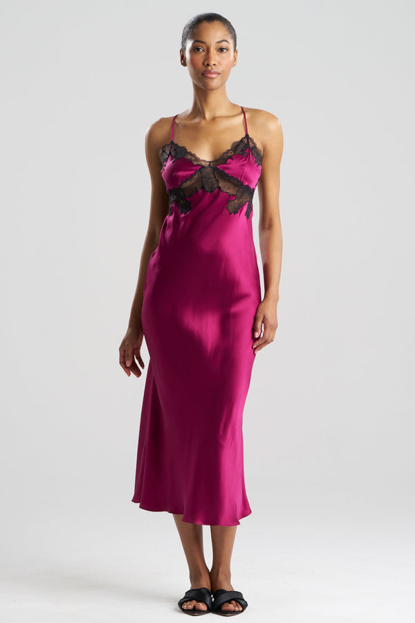 Natori Lolita Lace Low Back Silk Slip Dress Deep Garnet