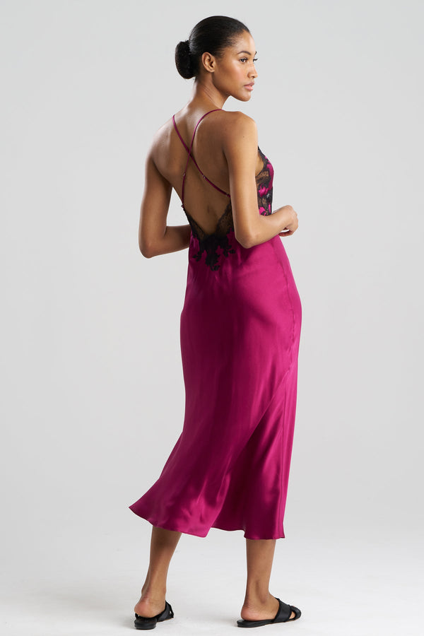 Natori Lolita Lace Low Back Silk Slip Dress Deep Garnet