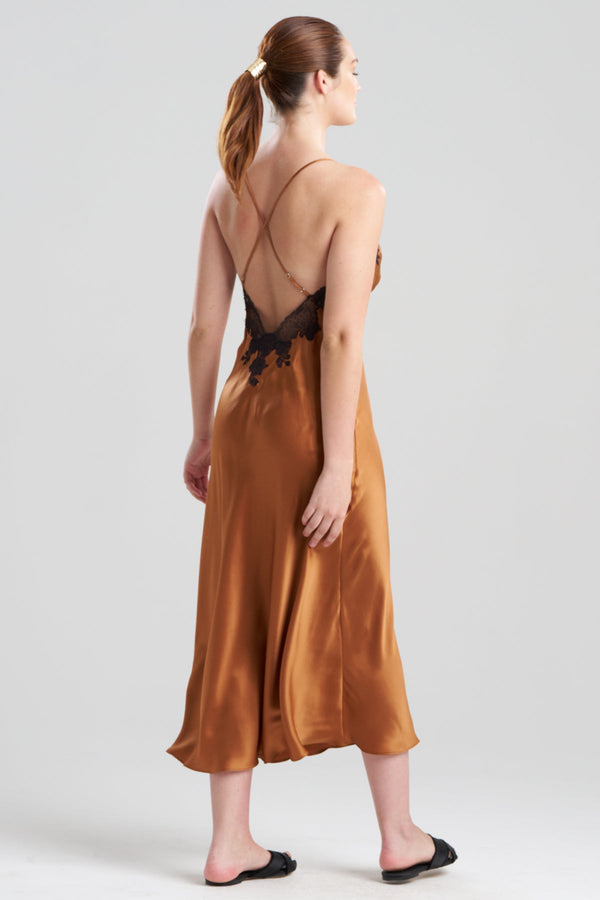 Natori Lolita Lace Low Back Silk Slip Dress Gold Rush