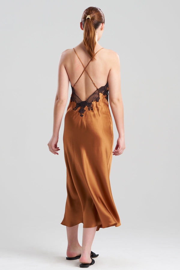 Natori Lolita Lace Low Back Silk Slip Dress Gold Rush