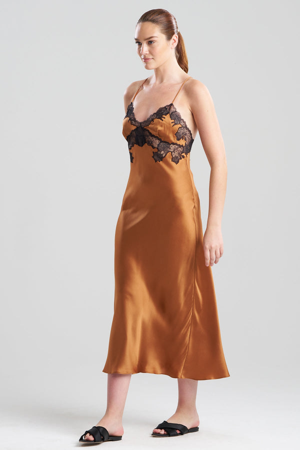 natori Lolita Lace Low Back Silk Slip Dress Gold Rush