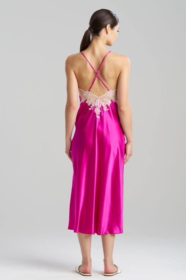Natori Lolita Lace Low Back Silk Slip Dress Hot Pink
