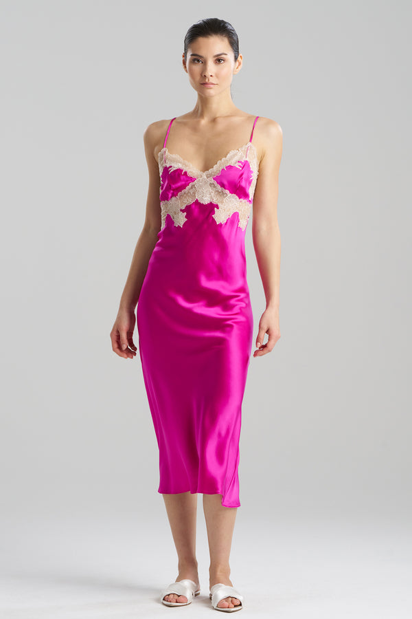 natori Lolita Lace Low Back Silk Slip Dress Hot Pink