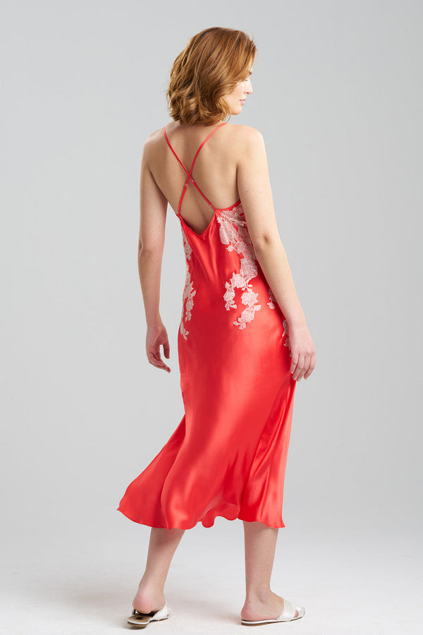 Natori Lolita Lace Silk Slip Dress Coral Peach/Ecru