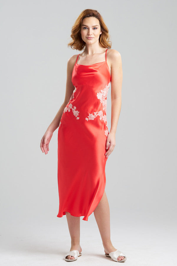 natori Lolita Lace Silk Slip Dress Coral Peach/Ecru